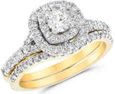 1.12CT DIAMOND 14KT YELLOW GOLD 3D ROUND DOUBLE HALO ENGAGEMENT WEDDING RING SET
