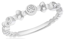 ESTATE .15CT DIAMOND 14KT WHITE GOLD 3D ROUND BEZEL BEADED FLOWER FUN RING