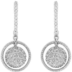 ESTATE .40CT DIAMOND 14KT WHITE GOLD 3D CLUSTER FLOWER CIRCULAR HANGING EARRINGS