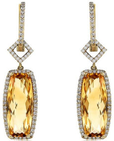 8.16CT DIAMOND & AAA CITRINE 14KT YELLOW GOLD CUSHION & ROUND HANGING EARRINGS