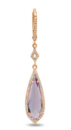 4.6CT DIAMOND & PINK AMETHYST 14K ROSE GOLD TEAR DROP LEVERBACK HANGING EARRINGS