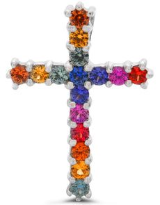.54CT DIAMOND & AAA RAINBOW SAPPHIRE 14KT WHITE GOLD 3D CROSS FLOATING PENDANT