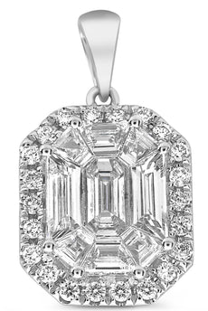 .92CT DIAMOND 14K WHITE GOLD ROUND & BAGUETTE INVISIBLE OCTAGON FLOATING PENDANT