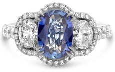 3.26CT DIAMOND & AAA SAPPHIRE 18KT WHITE GOLD 3 STONE OVAL HALO ENGAGEMENT RING