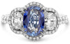 3.26CT DIAMOND & AAA SAPPHIRE 18KT WHITE GOLD 3 STONE OVAL HALO ENGAGEMENT RING