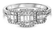 .58CT DIAMOND 14KT WHITE GOLD 3D ROUND & BAGUETTE PAST PRESENT FUTURE LOVE RING