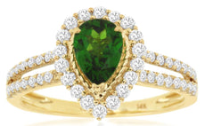 1.34CT DIAMOND & AAA RUSSALITE 14KT YELLOW GOLD PEAR SHAPE ROUND ENGAGEMENT RING