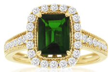 2.12CT DIAMOND & AAA RUSSALITE 14KT YELLOW GOLD BAGUETTE & ROUND ENGAGEMENT RING