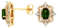 1.29CT DIAMOND & AAA RUSSALITE 14K YELLOW GOLD OVAL & ROUND FLOWER STUD EARRINGS