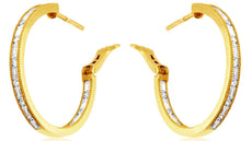 1.18CT DIAMOND 14K YELLOW GOLD ROUND & BAGUETTE INSIDE OUT HOOP HANGING EARRINGS