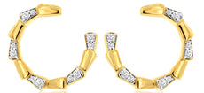 0.20CT DIAMOND 14KT YELLOW GOLD 3D ROUND BAMBOO SIDEWAY HOOP FUN HANGING EARRINGS