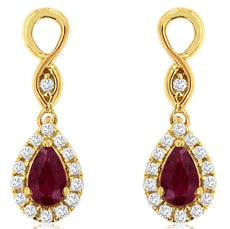 0.61CT DIAMOND & AAA RUBY 14KT YELLOW GOLD 3D PEAR SHAPE & ROUND HANGING EARRINGS