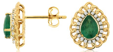 0.91CT DIAMOND & AAA EMERALD 14KT YELLOW GOLD 3D PEAR SHAPE & ROUND STUD EARRINGS