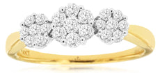 0.50CT DIAMOND 14KT YELLOW GOLD 3D CLASSIC FLOWER PAST PRESENT FUTURE LOVE RING