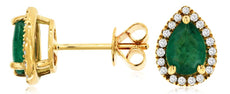 1.55CT DIAMOND & AAA EMERALD 14KT YELLOW GOLD PEAR SHAPE & ROUND STUD EARRINGS