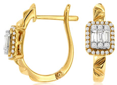 0.35CT DIAMOND 14KT YELLOW GOLD 3D ROUND & BAGUETTE LEVERBACK HANGING EARRINGS