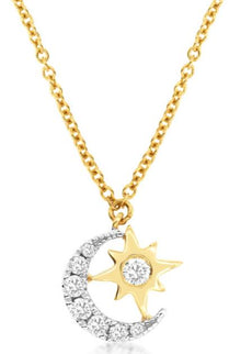 ESTATE .09CT DIAMOND 14KT YELLOW GOLD 3D ROUND STAR AND MOON LOVE NECKLACE