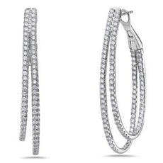 LARGE 2.19CT DIAMOND 18KT WHITE GOLD 2 ROW INSIDE OUT OVAL HOOP HANGING EARRINGS