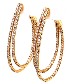 LARGE 2.17CT DIAMOND 18K YELLOW GOLD 2 ROW INSIDE OUT OVAL HOOP HANGING EARRINGS