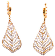 LARGE 4.35CT DIAMOND 18KT 2 TONE GOLD 3D MULTI LEAF TEAR DROP HANGING EARRINGS