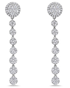LARGE 2.03CT DIAMOND 18KT WHITE GOLD 3D CIRCULAR HALO CLUSTER HANGING EARRINGS