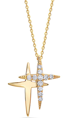 ESTATE .18CT DIAMOND 18KT YELLOW GOLD 3D DOUBLE CROSS FUN FLOATING PENDANT