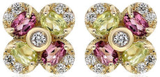 .63CT DIAMOND & AAA PERIDOT & TOURMALINE 14K YELLOW GOLD 3D FLOWER STUD EARRINGS