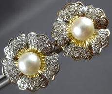 LARGE 1.05CT DIAMOND & AAA SOUTH SEA PEARL 14KT 2 TONE GOLD 3D FLOWER EARRINGS