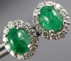 3.67CT DIAMOND & AAA CABOCHON EMERALD 14KT WHITE GOLD OVAL STUD EARRINGS #27152