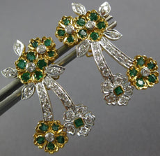 LARGE 1.95CT DIAMOND & AAA EMERALD 18K 2 TONE GOLD MULTI FLOWER HANGING EARRINGS