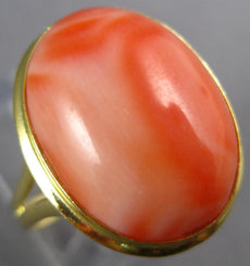 ANTIQUE WIDE AAA CORAL 14KT YELLOW GOLD 3D CLASSIC OVAL FUN RING #27147