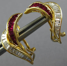 LARGE 2.61CT BAGUETTE DIAMOND & AAA RUBY 18KT YELLOW GOLD LEAF CLIP ON EARRINGS