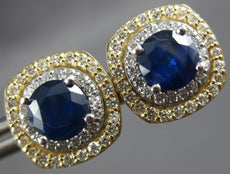 2.70CT DIAMOND & AAA SAPPHIRE 14KT 2 TONE GOLD ROUND HALO STUD EARRINGS #27163