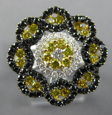 2.22CT WHITE BLACK & FANCY YELLOW DIAMOND 18KT WHITE GOLD FLOWER INFINITY RING