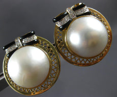 LARGE .22CT DIAMOND & AAA PEARL 18K YELLOW GOLD CIRCULAR CLIP ON EARRINGS #27180