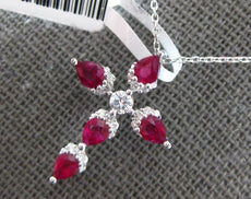 1CT DIAMOND & AAA RUBY 18KT WHITE GOLD ROUND & PEAR SHAPE CROSS FLOATING PENDANT