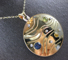 2.51CT DIAMOND & AAA MULTI COLOR SAPPHIRE 14KT YELLOW GOLD 3D MULTI WAVE PENDANT