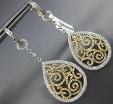 ESTATE LARGE 2.11CT DIAMOND 18KT 2 TONE GOLD FILIGREE TEAR DROP HANGING EARRINGS