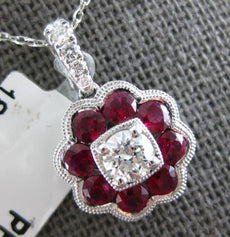 1.13CT DIAMOND & AAA RUBY 18KT WHITE GOLD ROUND FILIGREE FLOWER FLOATING PENDANT