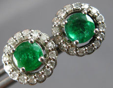 ESTATE 1.61CT DIAMOND & AAA EMERALD 14KT WHITE GOLD 3D HALO FLOWER STUD EARRINGS