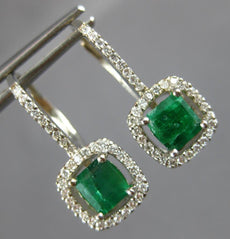 1.75CT DIAMOND & AAA EMERALD 14K WHITE GOLD SQUARE & ROUND HALO HANGING EARRINGS