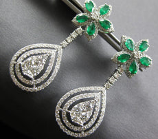 LARGE 6.55CT DIAMOND & AAA EMERALD 14KT WHITE GOLD 3D TEAR DROP HANGING EARRINGS