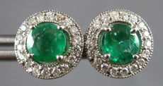 1.63CT DIAMOND & AAA EMERALD 14KT WHITE GOLD 3D ROUND HALO FLOWER STUD EARRINGS