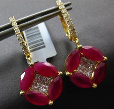 LARGE 7.27CT DIAMOND & AAA RUBY 14KT YELLOW GOLD FLOWER MARQUISE HANGING EARRING