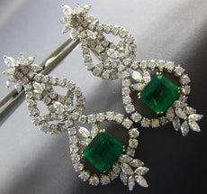 ESTATE EXTRA LARGE 19.8CT DIAMOND & AAA EMERALD 18K 2 TONE GOLD HANGING EARRINGS