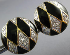 ESTATE LARGE 1.10CT DIAMOND & AAA BLACK ENAMEL 14K 2 TONE GOLD CIRCULAR EARRINGS
