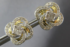 LARGE 1.12CT DIAMOND 14KT YELLOW GOLD 3D FOUR LEAF CLOVER FLOWER STUD EARRINGS