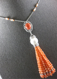 85.38CT DIAMOND AAA CORAL & SOUTH SEA PEARL 18KT WHITE GOLD CHANDELIER NECKLACE