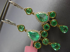 LARGE 8.59CT DIAMOND & AAA EMERALD 18K TRI COLOR GOLD LEVERBACK HANGING EARRINGS