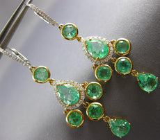 LARGE 7.16CT DIAMOND & AAA EMERALD 18K TRI COLOR GOLD LEVERBACK HANGING EARRINGS